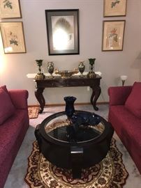 Coffee table, sofa table (along wall), wall art and accessories