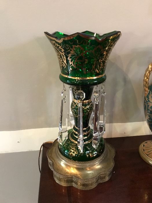 Emerald green gilt glass lusters (one of a pair), as lamps