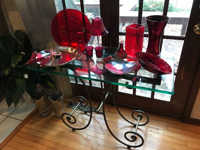 Ruby glass on glass-top French-style table