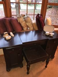 Dressing table with lift-top revealing mirror.  Comes with caned seat bench.