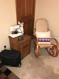 Sewing machine, bentwood rocker, and small pine stand