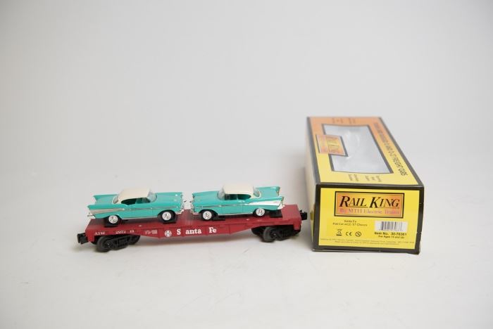 Rail King by MTH Electric Trains Santa Fe Flat Car with 2 '57 Chevys