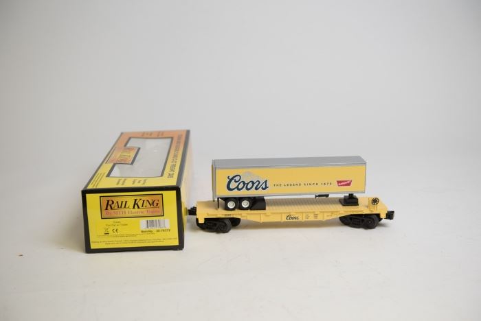 Rail King Coors Trailer on Flatcar