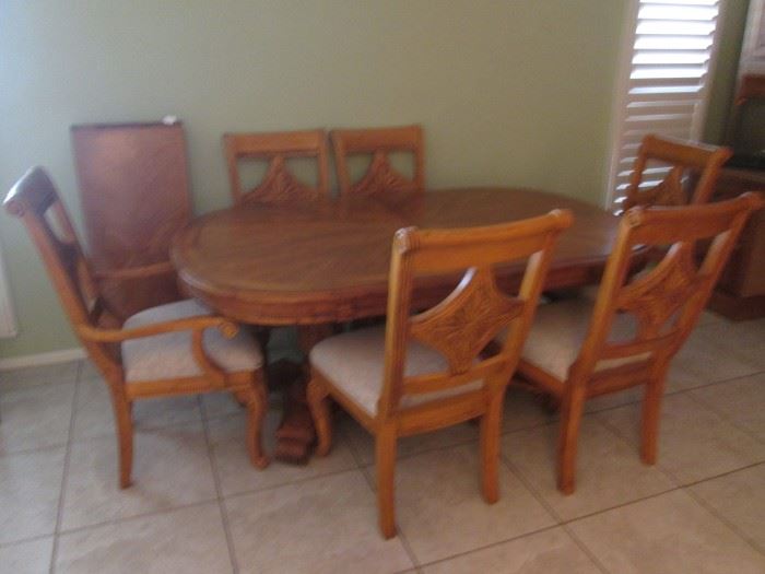 Pedestal Base, Oval Dining Room Table/6-Chairs. Carved Wood Details and Interesting Chair-Back Motif.  1-Leaf