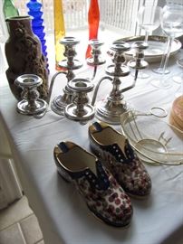Decorative Colored Glass Vases/Bottles, Decorative Porcelain Cherry Shoes, Silver Plated Candlestick Holders