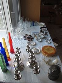 Glassware, Decorative Colored Glass Vases/Bottles, Decorative Porcelain Cherry Shoes, Silver Plated Candlestick Holders