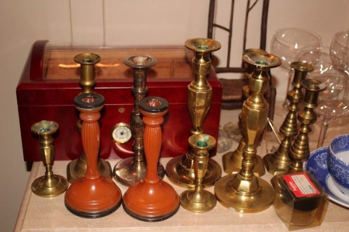 Assorted Candlesticks and Humidor with Stemware