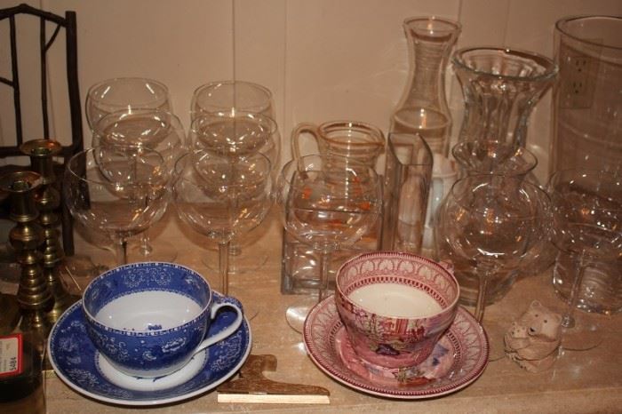 Assorted Stemware and Tea Cups with Matching Saucers