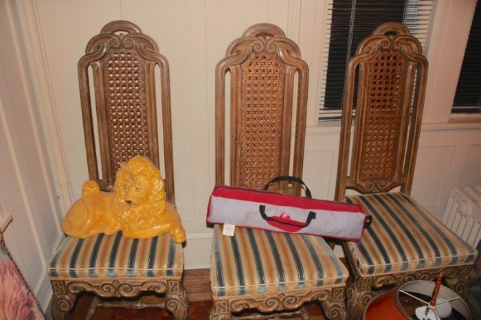 Trio of Occasional Chairs with Cane Back and Upholstered Seats and Decorative Lion and more