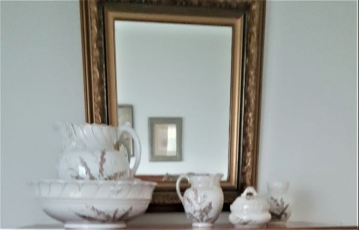 Antique ornate gold framed mirror, bowl and pitcher set 5 pieces