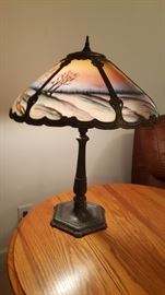 Art Nouveau Lamp, bronze base Reverse Painted Glass shade