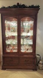 China Cabinet with two doors, lighted, two drawers on bottom. One of Two 