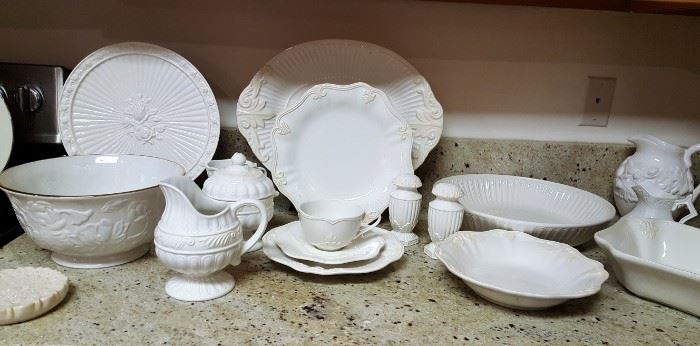 Large Wedgewood bowl, Lenox dishes plates, platters, bowls, salt and pepper, creamer, sugar, cup and saucer and dessert plates.