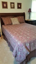 Queensize headboard, mattress and boxsprings bedskirt, shams, and quilt