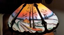 Reverse painting slag glass shade closeup