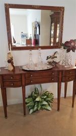 Sideboard, Waterford decanters, silverplate platter and large mirror