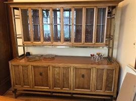 Mid Century Modern Metz Burled Wood & Brass Breakfront / Server