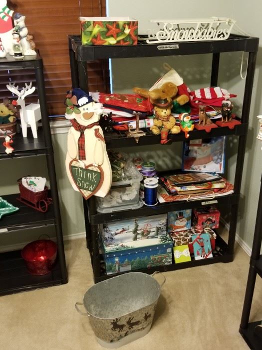 stockings, sled, christmas tin with reindeer