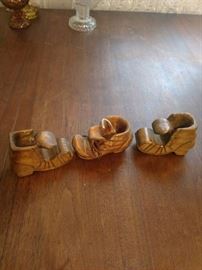 Lot of 3 hand carved small wood shoes