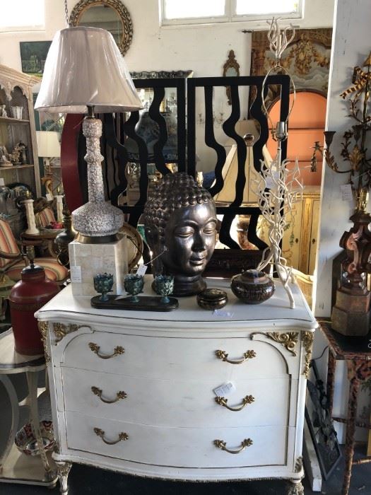 Painted Kittenger commode, shown with oversized Buddha.