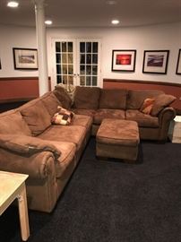 BAUHAUS CHESNUT MICROSUEDE SECTIONAL SOFA-113"L x 88"W x 28"H (OTTOMAN-32"L x 23"W x 16"H)