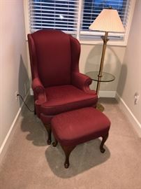 BURGUNDY CURVED LEG WINGBACK CHAIR AND OTTOMAN-(CHAIR-31"L x 26”D x 45”H)  (OTTOMAN-23"L x 15"W x 15”H)