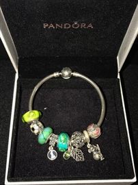 PANDORA STERLING BANGLE BRACELET WITH CHARMS