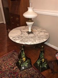 Ornate marble coffee table,lamp and black floral wall sconces