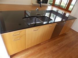 Maple Custom Kitchen Cabinets , Stainless Steel Oven W / Built In Microwave 30" x 42" , GE Profile 5 Burner Cooktop
, 36" Gaggenau Hood , Sorry NO Dishwasher & Refrigerator Opening Size 36" x 70"
 , Black Granite Countertop ,  Island , Stainless Steel Double Sink