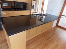 Maple Custom Kitchen Cabinets , Stainless Steel Oven W / Built In Microwave 30" x 42" , GE Profile 5 Burner Cooktop
, 36" Gaggenau Hood , Sorry NO Dishwasher & Refrigerator Opening Size 36" x 70"
 , Black Granite Countertop ,  Island , Stainless Steel Double Sink