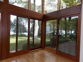 New Custom Patio Doors and Windows Mahogany reclaimed Red Oak Flooring Fireplace 