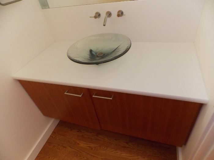 Cantilever bath sink with glass vessel sink and faucet 