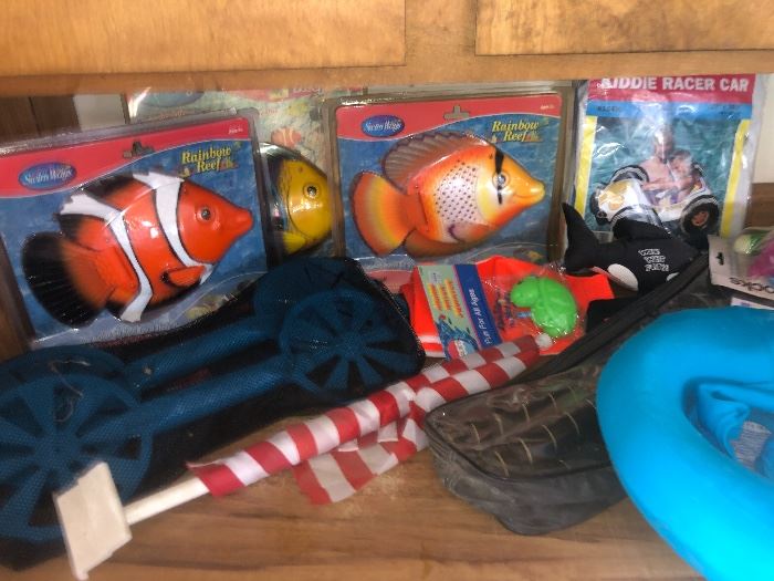 POOL SUPPLIES AND TOYS, SOME UNOPENED AND IN THE BOX STILL!