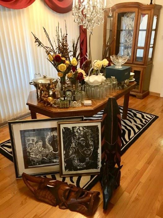 Dining Room table and 4 "Parsons" chairs (not shown). Artwork, crystal, serving dishware, glasses, African art, Margaret Burroughs, African masks, China, Rugs, China cabinet...