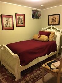 White (Twin) Single size bed, African artwork, side chair and rug