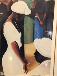 "Sharons Blessing" by Bernard Hoyes print #36/999. Original painted at Port Henderson Studio, 1983, and is in the collection of Richard Pryor.

This piece depicts Sharon becoming a woman as moms and relatives witnesses the blessing. 