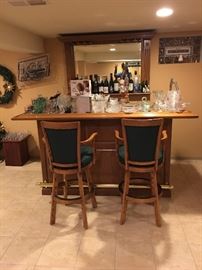Bar and Back Bar, Mirror, Glassware, Glasses, Serving Utensils, Neon Beer Sign, Barstools  (Peace from your Estate Sale Goddess) 