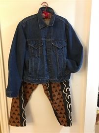 Levi jean jacket and "Mud clothe" pants. MANY African dresses, suits, pants. 