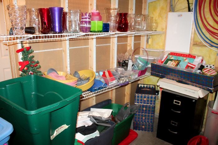 Florist vases, plastic storage bins, filing cabinet, and more! (some of these items may be sold)