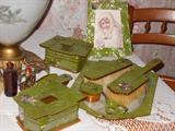 Beautiful celluloid dresser set. Even has a matching picture frame. Sold as set only.