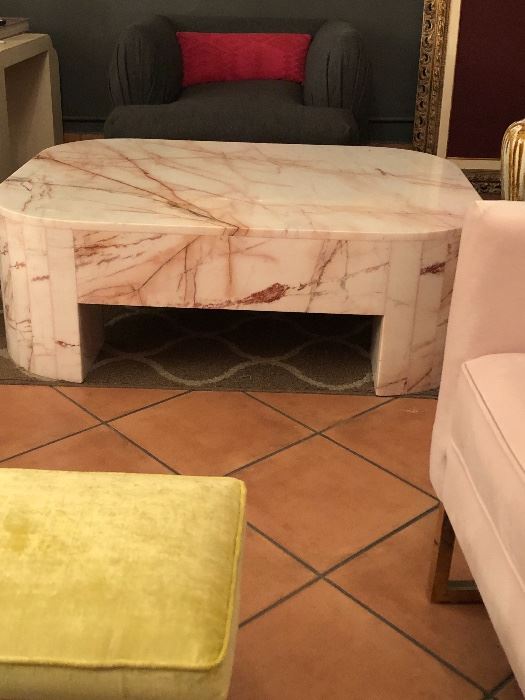 Carerra Red Vein Marble Coffee Table From Italy. This chunk of goodness is over 350 llbs. It’s a stunner piece. 