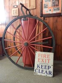 ANTIQUE WAREHOUSE FIREFIGHTING PUMPER AND ENAMELED FIRE EXIT SIGN