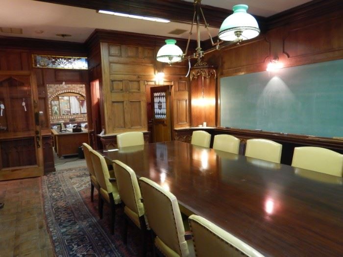 THE BOARD ROOM-IT'S ALL FOR SALE-12X5 TABLE, 12 ARM CHAIRS, BRASS & GLASS CEILING LIGHT AND MORE
