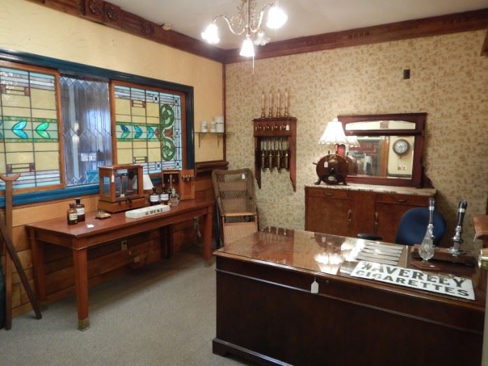 ONE OF MANY PERIMETER OFFICES FULL OF FURNISHINGS, LIGHT FIXTURES, ANTIQUES AND COLLECTIBLES