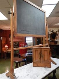 OAK WITH CAST IRON HARDWARE SLATE CHALKBOARD AND ANOTHER ANTIQUE MEDICINE CABINET