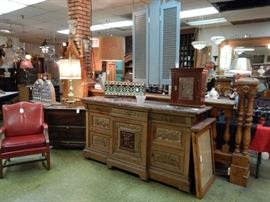 ANOTHER MARBLE TOP SERVER-ORNATE WOOD DETAIL