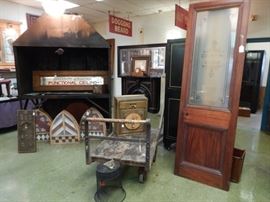 ETCHED GLASS BANKERS DOOR AND CAST IRON AND WOOD WAREHOUSE CART