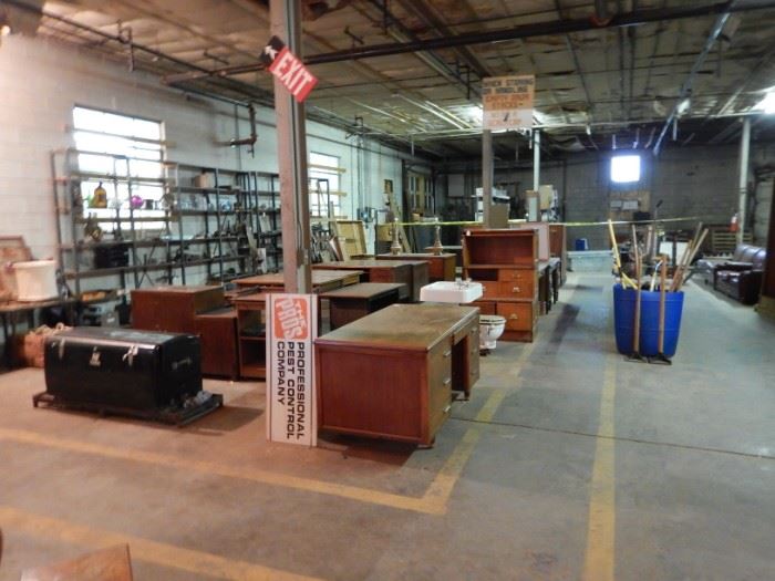 FURNITURE AND MORE-FRONT LEFT IS ANTIQUE CAR TRUNK WITH LEATHER HANDLES
