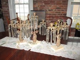 3-ANTIQUE VICTORIAN GILT BRONZE AND CRYSTAL FIGURAL GIRANDOLES