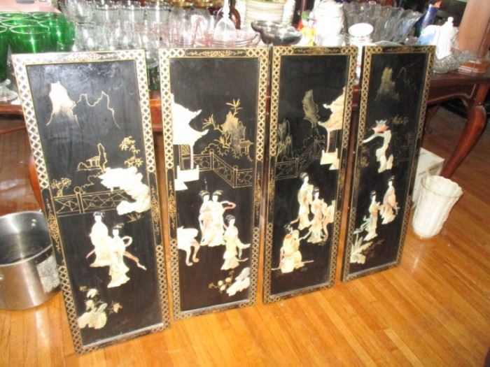 Vintage Set 4 Oriental Black Lacquer Wood Panels Wall Hanging W/ Mother of Pearl